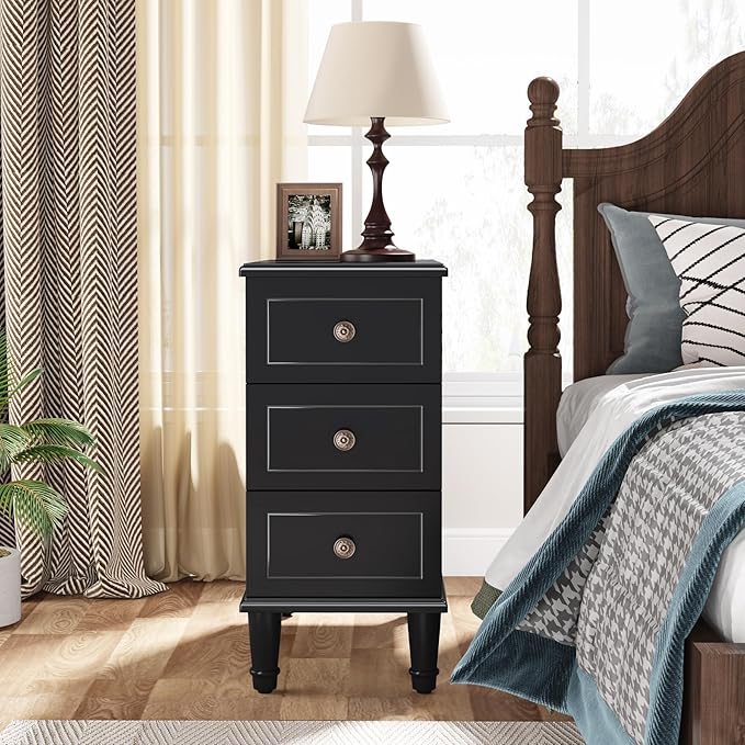Tribesigns Solid Wood End Table, Fully Assembled Narrow Side Table with Drawers, Pre-Assembled Nightstand Slim Bedside Table for Small Spaces, Living Room, Bedroom, Black