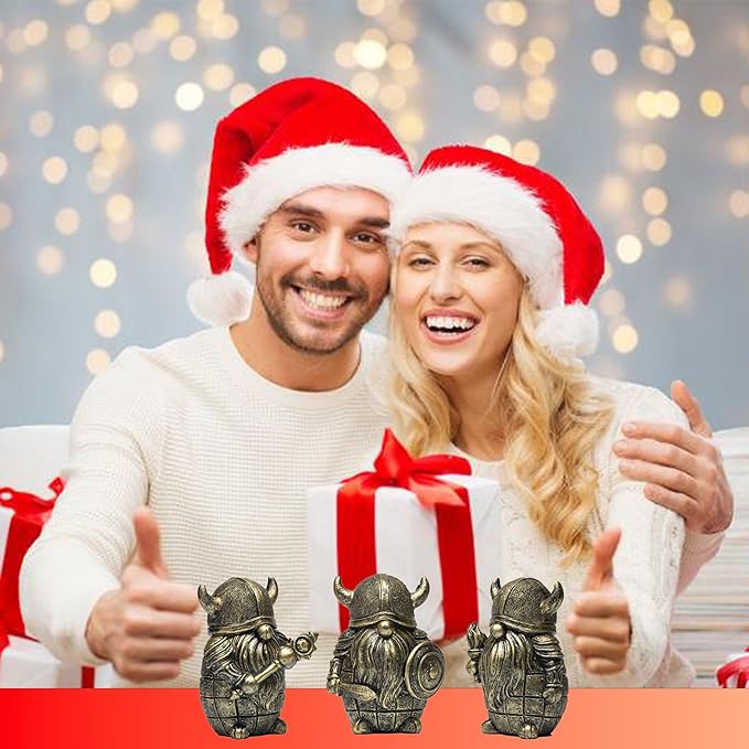 3PCS Viking Warrior Gnome Figurines Set-Viking Decor Home Ornament Mini Gnomes for Table,Shelves,Cabinet (Gold)