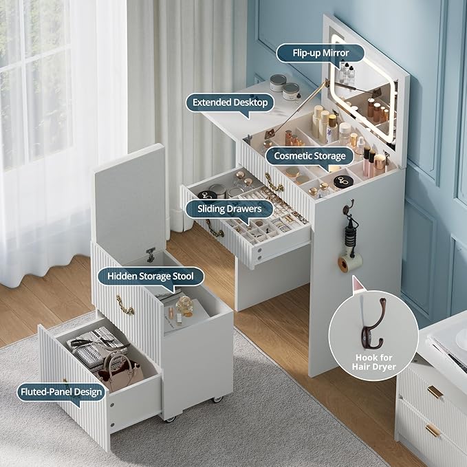 FURSUN 3-in-1 Vanity with Flip Mirror & Lights, Fluted Compact Vanity Table with 3 Drawers, Storage Compartment and Rolling Stool, Modern Small Makeup Vanity for Bedroom, Powder Room, Solid White