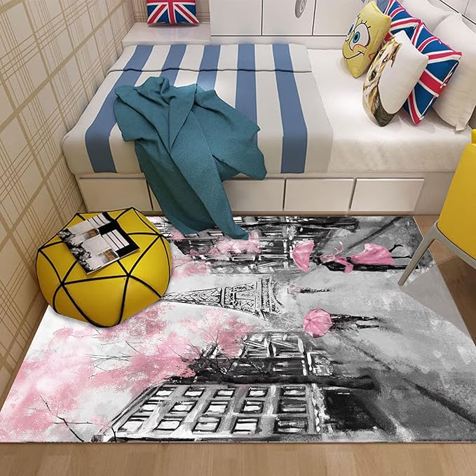 kxry 6 * 9 Feet Pink Paris Eiffel Tower Soft Area Rugs for Kids Girls Women French Style Couple Lover Flower Floor Carpet for Living Room Bedroom Dorms Nursery Rooms Home Decor Aesthetic