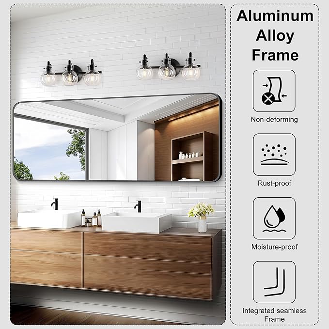 KOCUUY Black Bathroom Mirror 60"x28", Large Vanity Mirror with Rounded Corner, Metal Black Frame with Mordern Design for Bathroom, Living Room, Entryway, Hang Horizontal/Vertical
