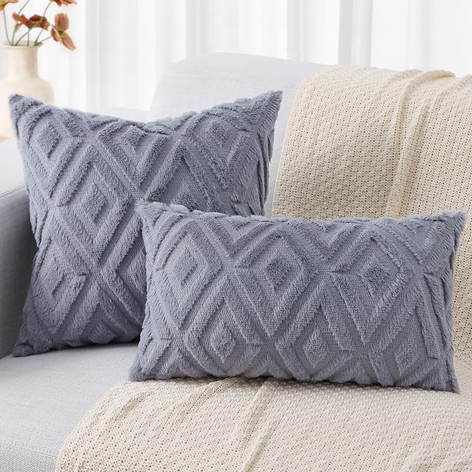 decorUhome Couch Throw Pillow Covers 12x20 Set of 2, Decorative Soft Plush Faux Wool Lumbar Neutral Accent Pillow Covers for Bed Sofa Living Room, Blue Grey