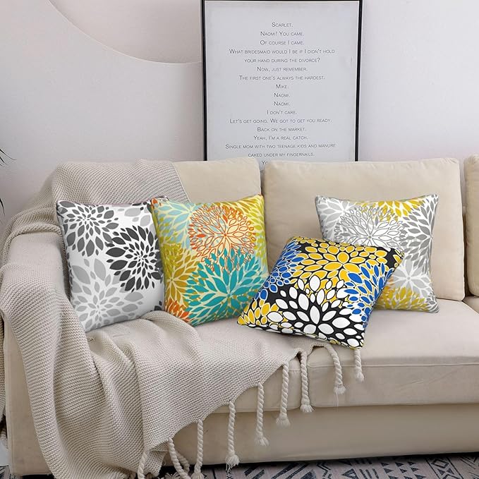Yellow Teal Dahlia Throw Pillow Covers 18x18 Inch Set of 4 Gray White Floral Cushion Covers Modern Geometric Home Decorative Soft Plush Cushion Cases for Bed Couch Sofa Living Room Decor