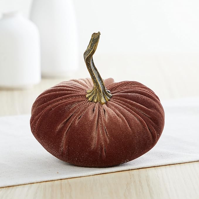 Your Heart's Content Small Velvet Pumpkins Set of 4, Luxury Velvet Fall Home Decor, Orange Pumpkin Accent, Halloween Centerpiece, Autumn Wedding Centerpiece (Sm Rust Harvest Bronze Tangerine)