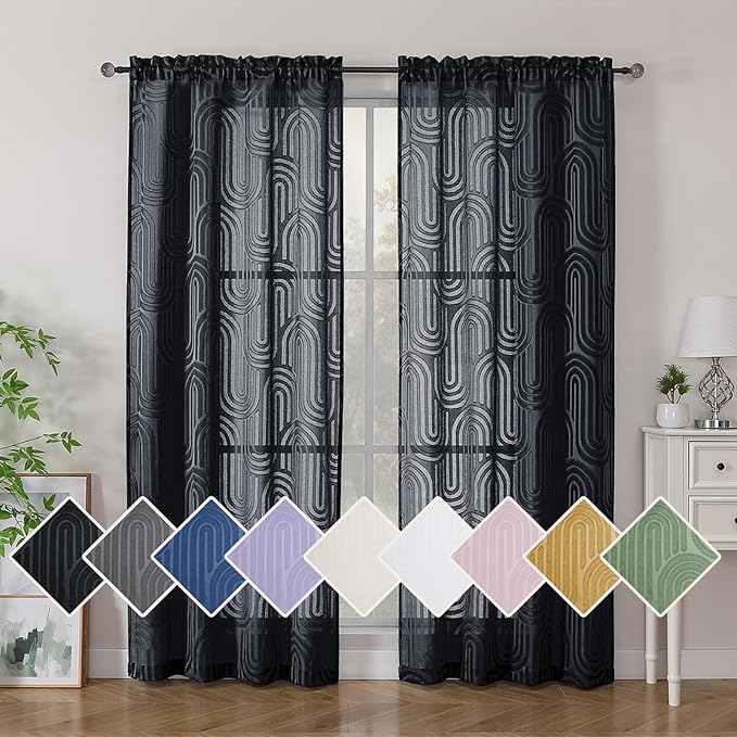 Simplebrand Sheer Black Curtains 72 Inches Long 2 Panels for Window, Geometric Mid Century Light Filtering Semi Sheer Curtains for Front Back Patio Glass Door with Rod Pocket, 42" Wx72 L