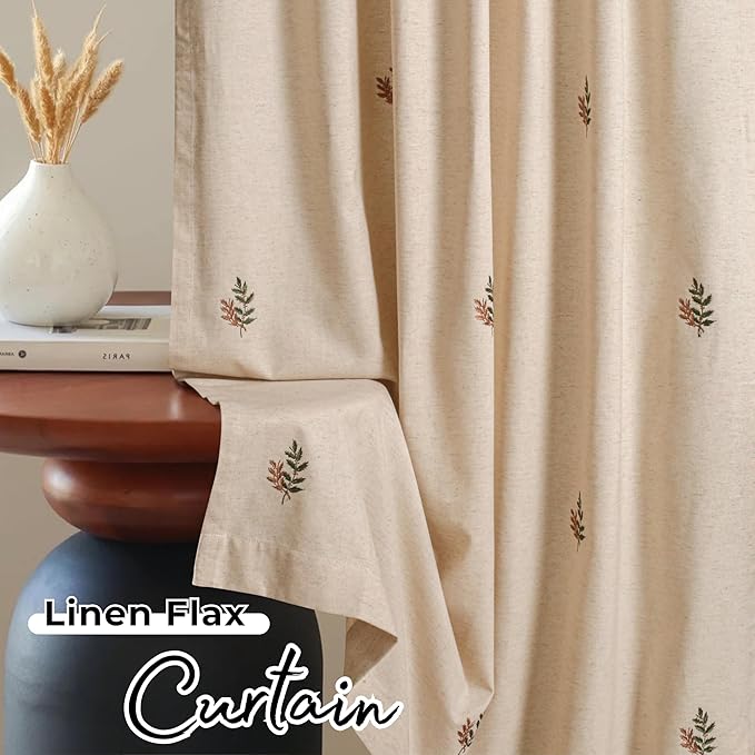 Linen Flax Curtain 50x84 Natural with Embroidery, Farmhouse Curtain,Tab Top Curtains, Room Darkening Drapes, Curtains for Bedroom, Curtains for Living Room_1Piece