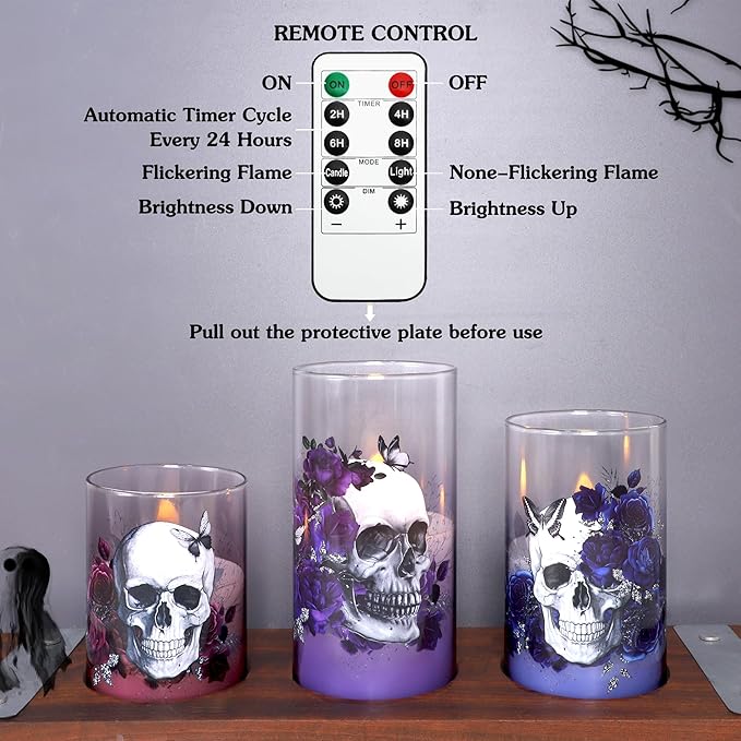Halloween Glass Flameless Candles Romantic Gothic Skull Floral Battery Operated Remote Timer Flickering LED Pillar Candle for Wedding Party Goth Bathroom Decor