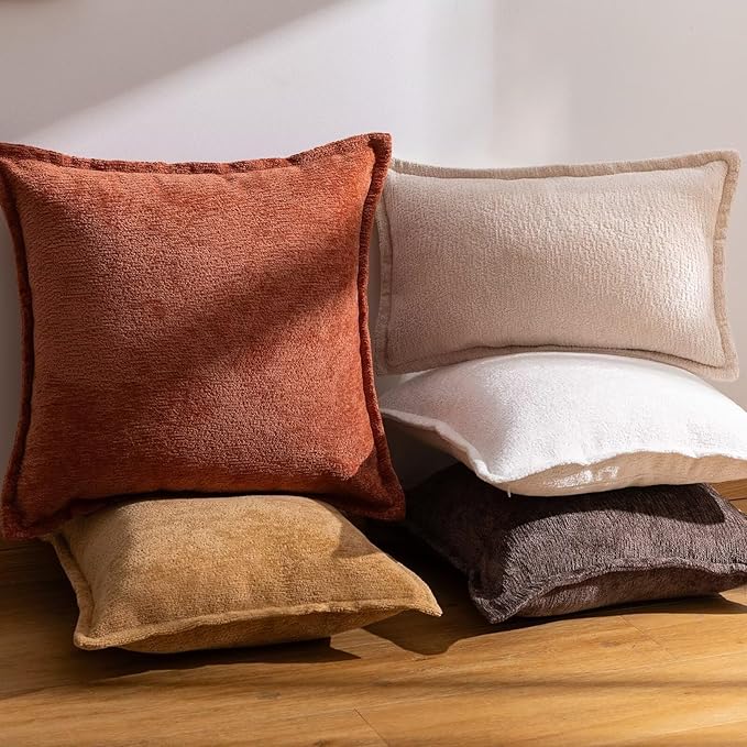 Beige Decorative Throw Pillow Covers 20x20 Inch Set of 2 Cozy Soild Chenille Cushion Cases Soft Textured Square Couch Pillows Cover Boho Accent Farmhouse Pillowcases for Sofa Bed