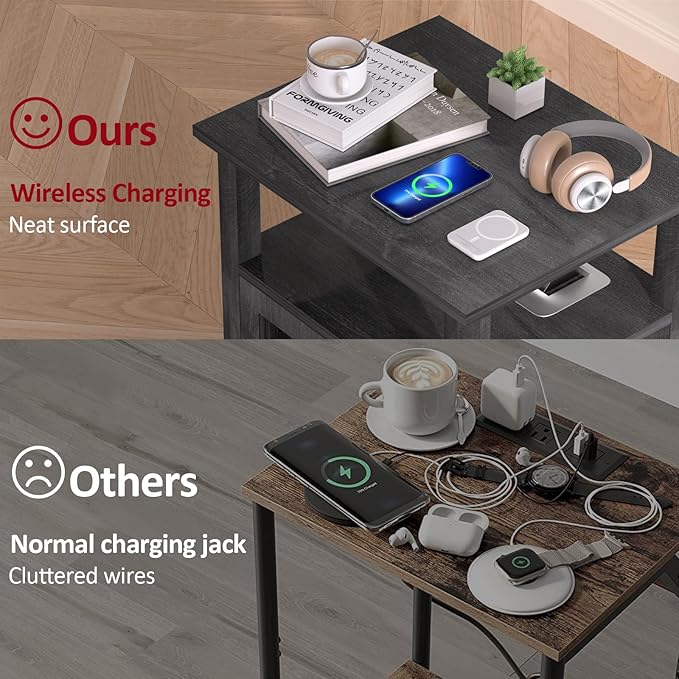 HIFYOBRO End Table with Charging Station, Adjustable Shelf & Storage, Modern Farmhouse Nightstand for Bedroom, Living Room, Office