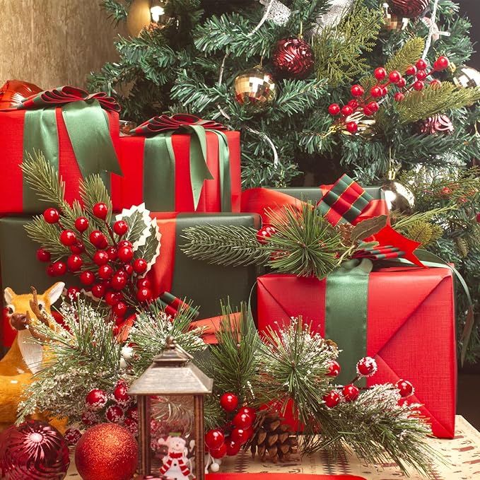 6 Kinds Artificial Christmas Tree Picks with Red Berry Pine Branches & Flower Pick - Perfect for Festive Season Decor & Wreaths to Brighten Your Holiday Spirit