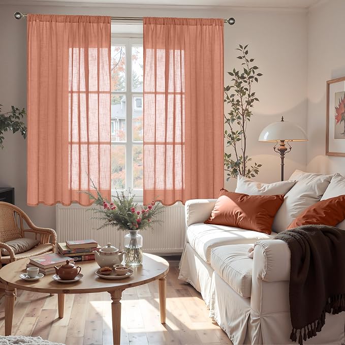 BGment Semi Sheer Curtains 48 Inch Length for Short Window, Terracotta Linen Drapes for Bedroom Kitchen Cafe Bathroom Decor with Rod Pocket Rustic Textured Lightweight, 2 Panels Set, Each 42 Inch Wide
