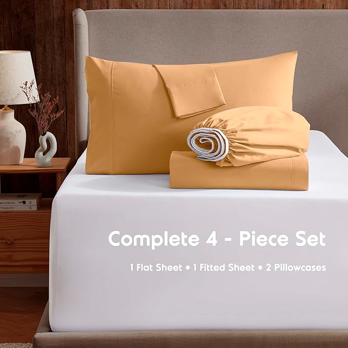Nestl Extra Deep Twin Sheet Set - 4 Piece Breathable & Cooling Sheets - Hotel Luxury Bedding Set w/18-24 Inch Deep Pockets - Easy & Secure Fit - Super Soft, Wrinkle Free & Comfy - Camel Gold