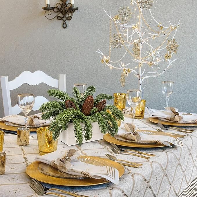 DILATATA Christmas Centerpieces 8 Inch Artificial Christmas Plant in Rectangular Wooden Pot Tabletop Pine Plants with Pine Cones for Winter Holiday Party Fireplace Mantel Xmas Decor