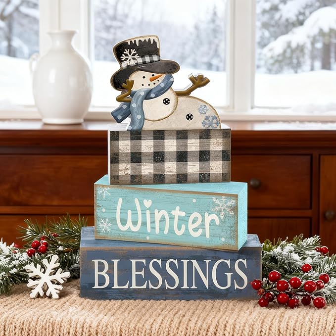 4 Pcs Christmas Table Decorations Winter Tiered Tray Decor Playful Snowman Decor Indoor Rustic Wooden Decorative Snowman Block Sign Gift Snowflake Centerpiece Farmhouse Xmas Signs for Kitchen