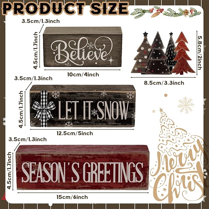 4 Pcs Christmas Table Decor Christmas Tree Centerpiece Rustic Decorative Tree Block Signs Gift Winter Tiered Tray Decor Farmhouse Winter Tabletop Decoration for Home Xmas Party Kitchen Shelf