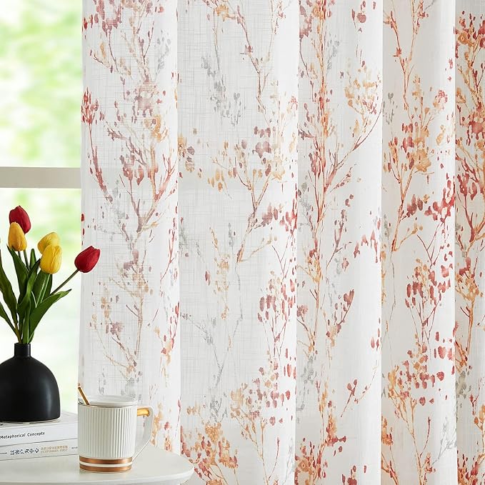Branch Sheer White Curtains 96inch Long Red Tree Branch Semi Sheer Curtains Panels for Living Room Bedroom Linen Look Multicolor Pattern Textured Window Drapes for Kitchen Grommet Top 2pcs