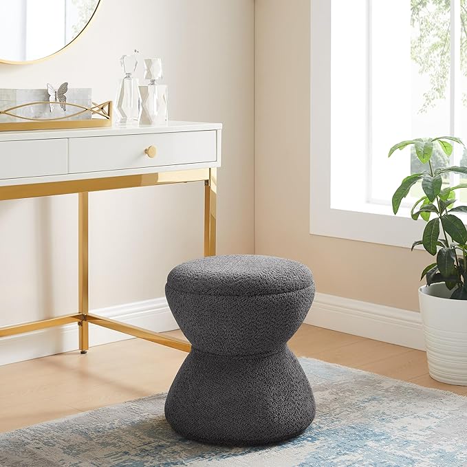 Multi-Functional Boucle Ottoman, Vanity Stool Chair, Sturdy Rotating Wooden Footstool, Suitable for Living Room, Bedroom, and Entryway, Without Installation, Swivel, Dark Grey