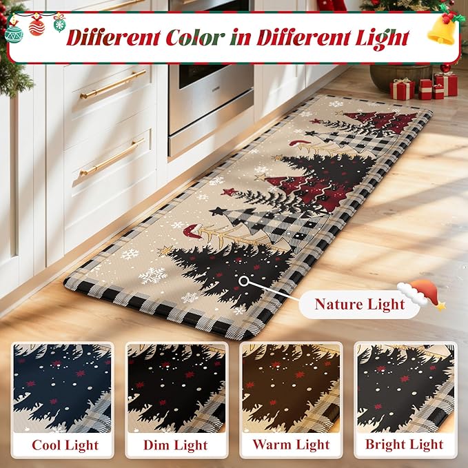 Merry Christmas Xmas Tree Kitchen Mats for Floor, Cushioned Anti Fatigue Kitchen Mat Sets of 2 Waterproof Sink Rugs, Buffalo Plaid Non Skid Comfort Standing Rug for Desk Home Decor, Tan/Black