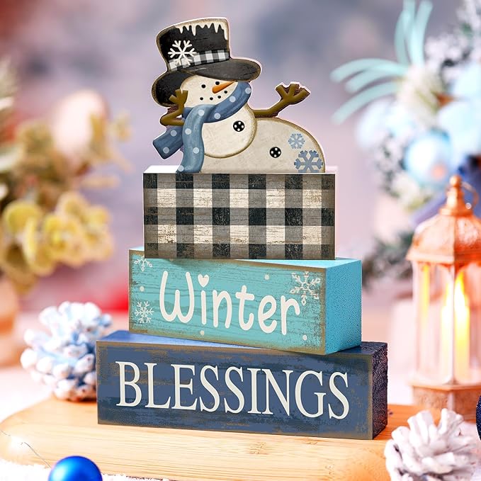 4 Pcs Christmas Table Decorations Winter Tiered Tray Decor Playful Snowman Decor Indoor Rustic Wooden Decorative Snowman Block Sign Gift Snowflake Centerpiece Farmhouse Xmas Signs for Kitchen