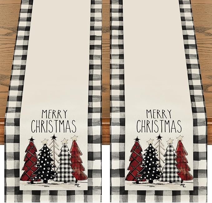 Artoid Mode Buffalo Plaid Xmas Trees 2PCS Merry Christmas Table Runner, Seasonal Winter Holiday Kitchen Dining Table Decoration for Home Party Decor 13 x 72 Inch