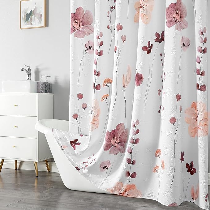 QiyI Extra Long Shower Curtain 72 x 84, Modern Watercolor Floral Shower Curtain, 3D Embossed Texture Pink Brown Flower Cloth Bathroom Curtain, Waterproof Fabric Farmhouse Bath Curtain Set with Hooks