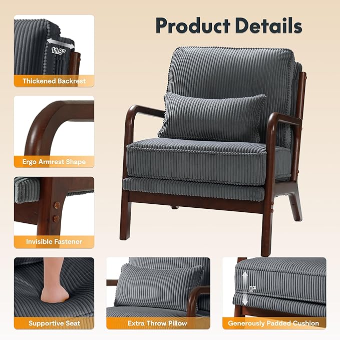 FLEXISPOT AC1 Mid Century Modern Accent Chairs Set of 2, Corduroy Upholstered Armchairs with Wood Frame, Thick Backrest & Lumbar Pillow, Comfy Reading Chairs for Living Room, Bedroom, Balcony (Grey)