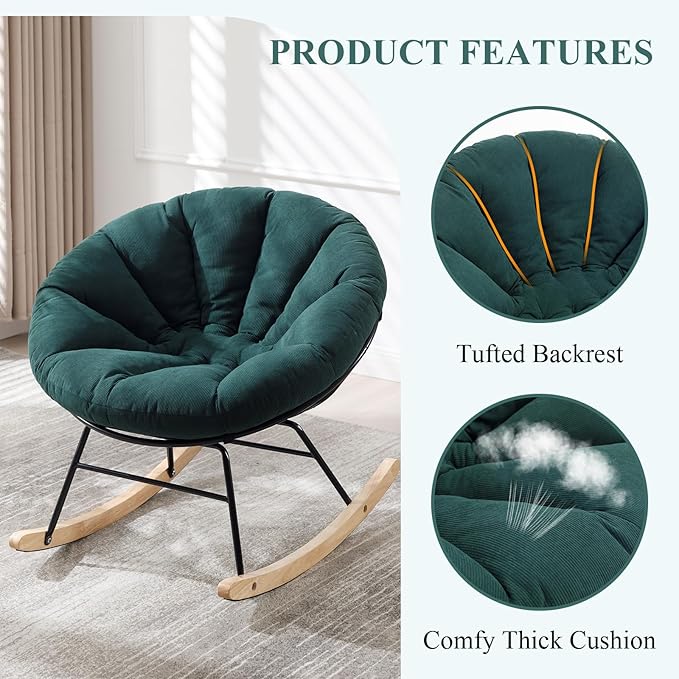 NIOIIKIT Nursery Saucer Rocking Chair, Corduroy Upholstered Round Glider Chair, Nursing Chair with Comfy Cushion, Tufted Papasan Chair, Cozy Reading Chair for Living Room, Bedroom (Green)