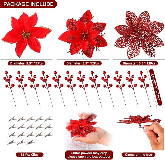 Floweroyal 60pcs Poinsettia Artificial Christmas Flowers Decorations with Clips and Berry Stems Glitter Ornaments for Christmas Tree Wreath Fireplace Stairs Decor (Red-3 Styles)