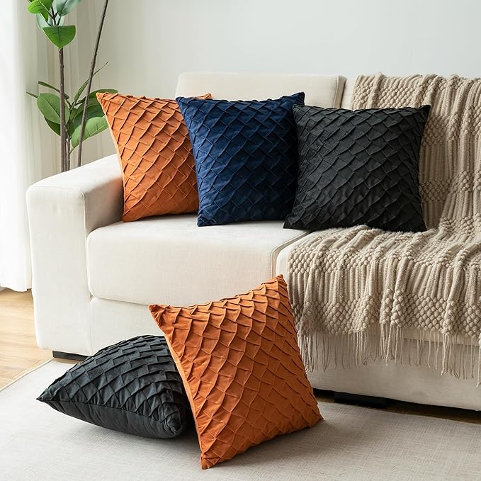 Velvet Decorative Throw Pillow Covers Set of 2, 18x18 Inch Soft Modern Weave Cushion Case, Farmhouse Home Decor Pillowcase for Sofa Living Room Couch Bed Orange