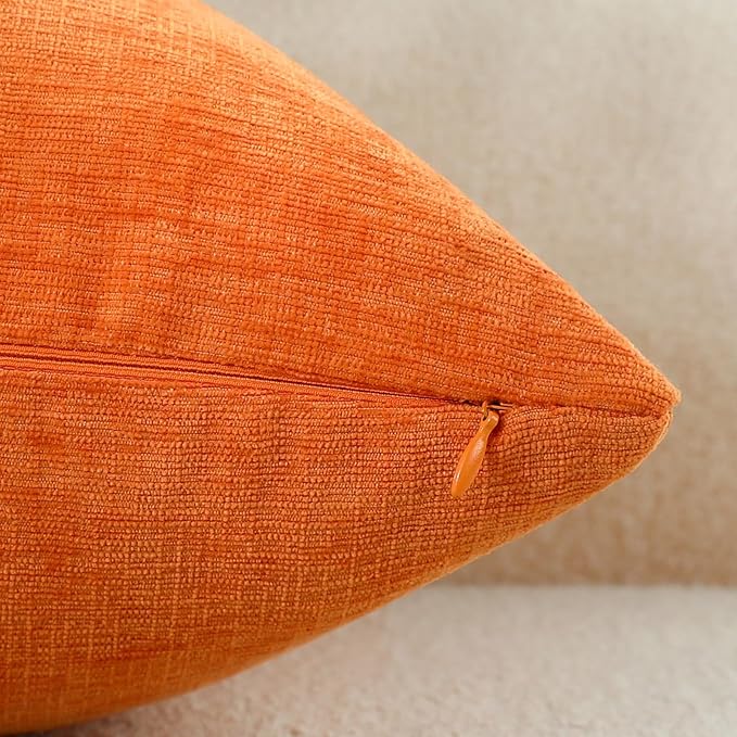 Bright Orange Chenille Decorative Couch Throw Pillow Covers, Soft Cushion Cases for Home Livingroom Sofa Décor, Pack of 2, 14 x 14 Inches