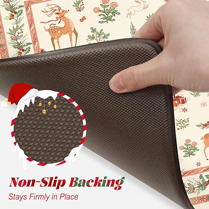 Collive Christmas Snowman Kitchen Floor Mats, Winter Xmas Tree Cushioned Anti Fatigue Kitchen Rugs 2 Piece Waterproof Elk Sled Sink Mat, Non Slip Foam Comfort Standing Desk Rug for Home Decor, Beige