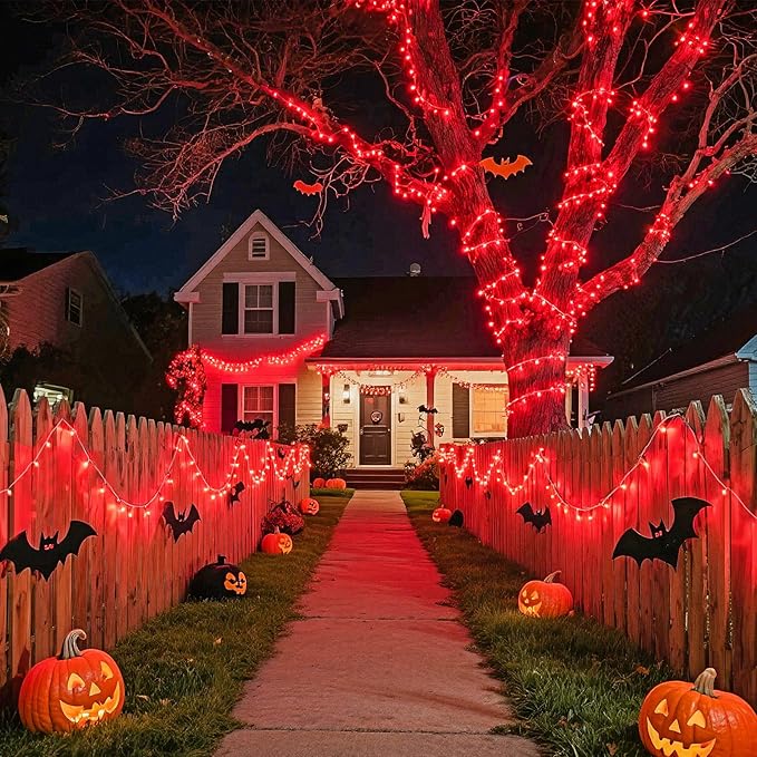 JMEXSUSS Red Halloween Decor String Lights Outdoor Indoor, 66ft 200 LED Red Christmas Lights Clear Wire, 8 Modes Halloween Twinkle Fairy Light Plug in for Tree Room Party Decorations