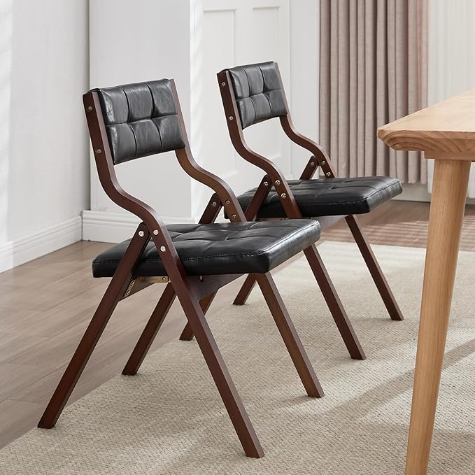 4-Pack Folding Dining Chairs with Cushion,Faux Leather Padded Foldable Dining Chairs,Portable Wooden Folding Chairs for Dining Rooms Kitchen Wedding and Party Indoor Black