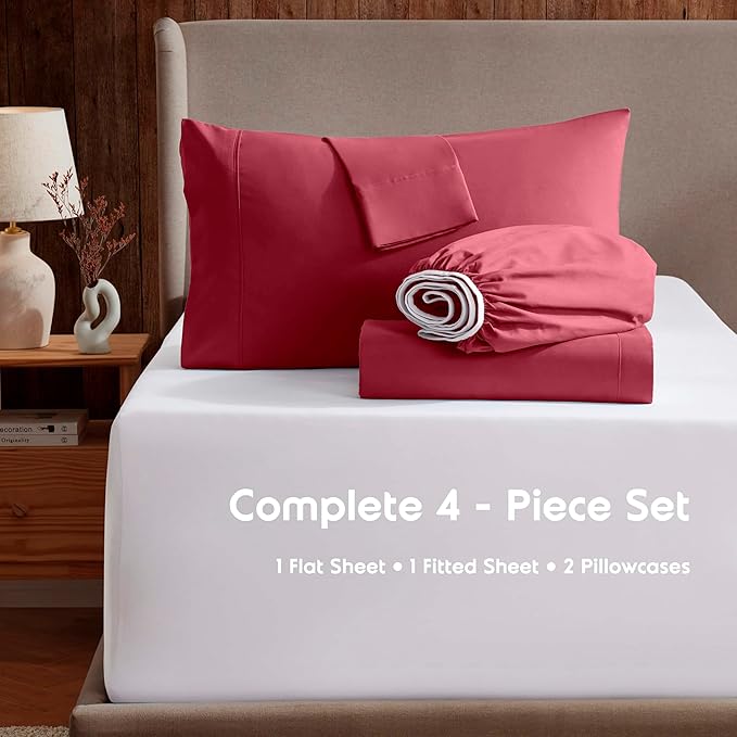 Nestl Extra Deep Twin Sheet Set - 4 Piece Breathable & Cooling Sheets - Hotel Luxury Bedding Set w/18-24 Inch Deep Pockets - Easy & Secure Fit - Super Soft, Wrinkle Free & Comfy - Burgundy Red