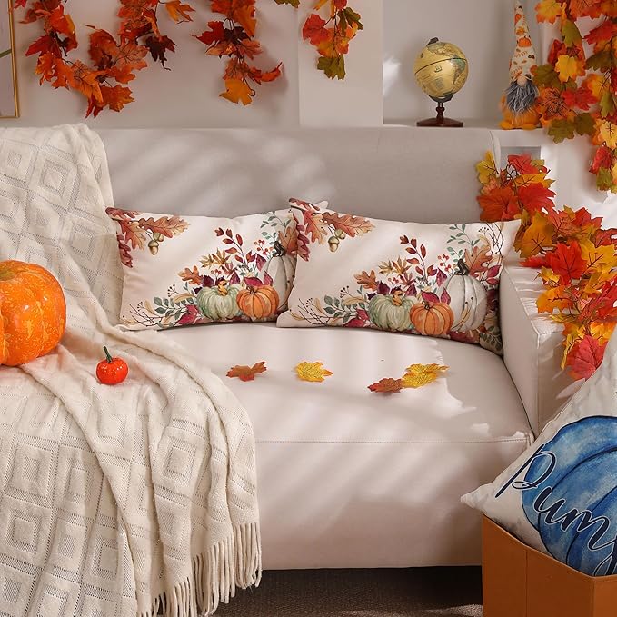 DFXSZ Fall Pillow Covers 12x20 inch Set of 2 Orange White Pumpkin Fallen Leaves Decorative Outdoor Throw Pillow Covers Autumn Thanksgiving Farmhouse Decoration for Home Couch TH27-A12