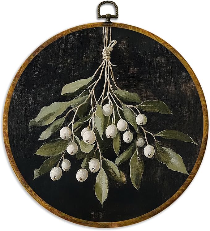 XPH Vintage Moody Christmas Round Wall Art Framed, Dark Academia Mistletoe Circle Wall Decor, Winter Cottagecore Botanical Hanging Canvas Prints for Home Bedroom Living Room Decoration, 10x10 Inch
