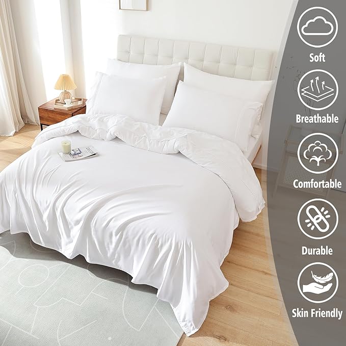 Queen Sheet Set White, Super Soft Microfiber Bed Sheets Queen Size Extra Deep Pocket, Hotel Cooling Bedding Sets, Wrinkle Free Oeko-Tex, 4 Piece