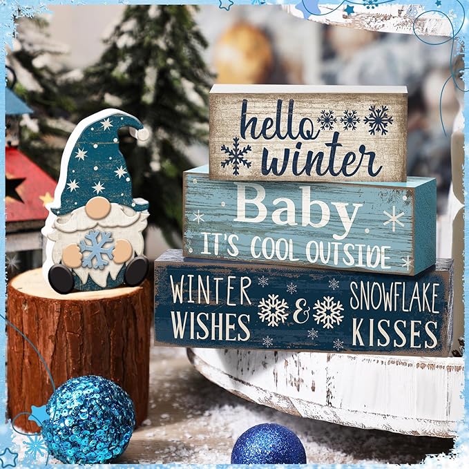 4 Pcs Wooden Winter Table Decorations Christmas Tiered Tray Decor Winter Gnome Decor Christmas Centerpiece for Tables Wooden Decorative Gnome Signs Gifts for Kitchen Office Home