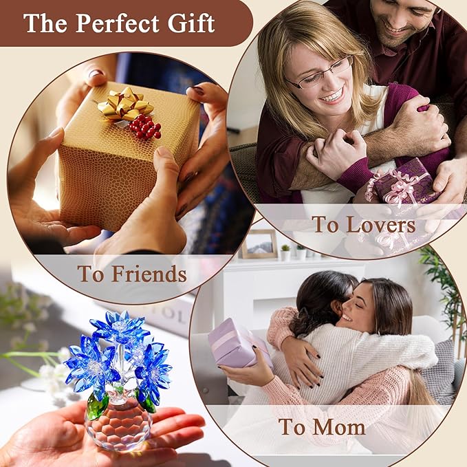 Enjinkail Handmade Crystal Daisy Figurine - Blue Glass Flowers Gifts for Women, Elegant Home Decor & Table Centerpiece