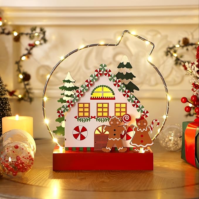 Christmas Tabletop Decoration, Wooden Lighted Gingerbread House Ornaments, Battery Operated Christmas Indoor Fireplace Home Table Decorations