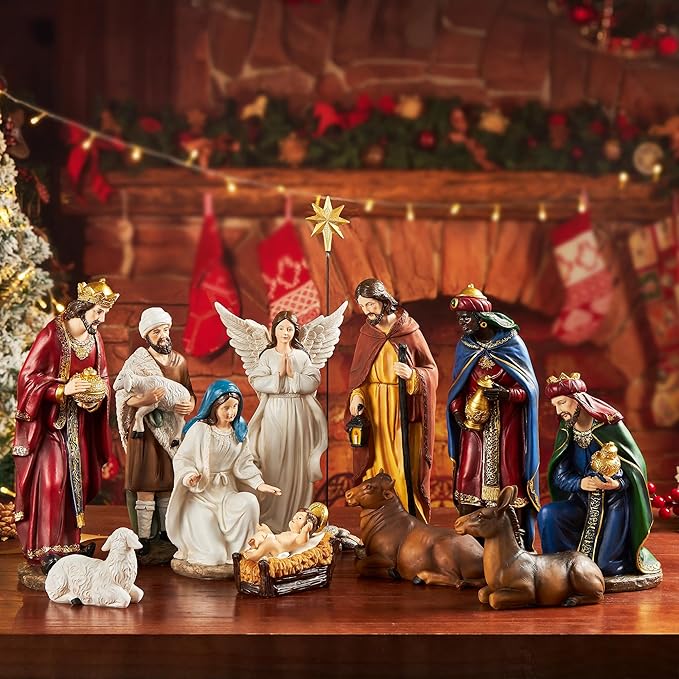 Nativity Sets for Christmas Indoor Set of 13 Pieces 11.8 Inches Resin Figurines Holiday Decorations Nativity Scene Tabletop Decor Religious Collection Gifts