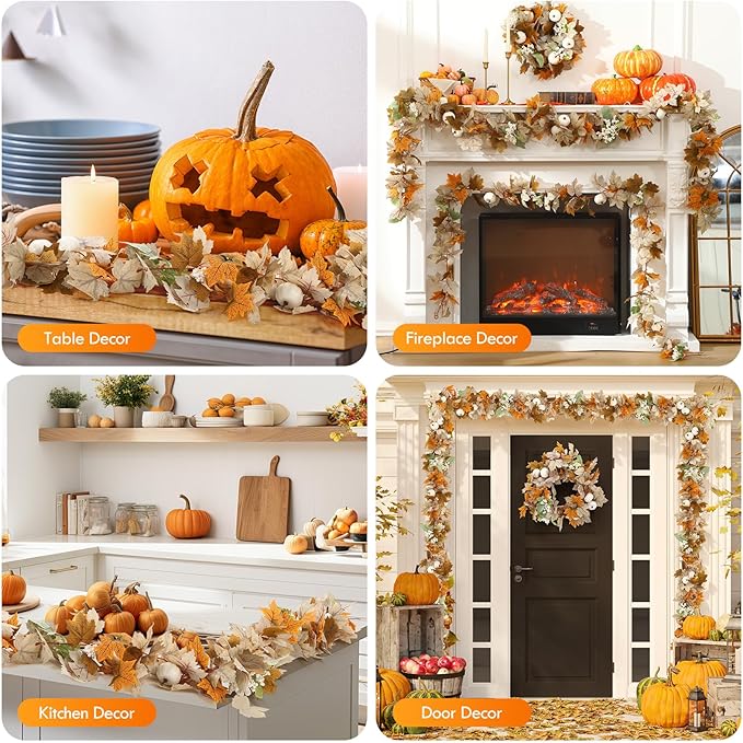 4 Pcs Fall Garland Fall Decor 9ft Autumn Maple Leaves Pumpkin Berry Garland Thanksgiving Halloween Mantle Fireplace Farmhouse Harvest Decorations for Home Mantle Fireplace Porch Table