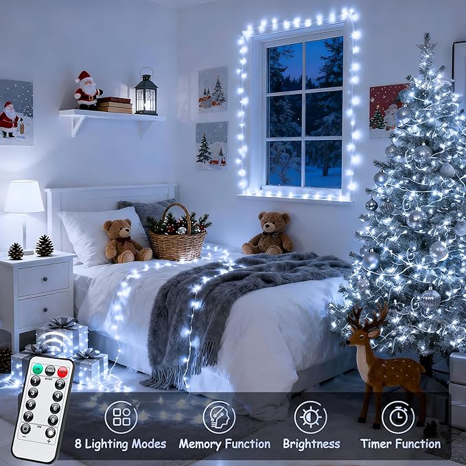JMEXSUSS White Christmas Lights with Remote, 33ft 100 LED Battery Operated Christmas Lights, 8 Modes Outdoor Indoor String Light for Xmas Bedroom Tree Yard Porch Wedding