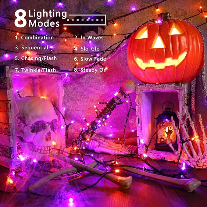 BrizLabs Orange & Purple Halloween Lights, 78.74ft 240 LED Orange Lights Connectable, 8 Modes Outdoor Purple Halloween Light with Timer, Plug in Mini Twinkle Light for Party Indoor Decor