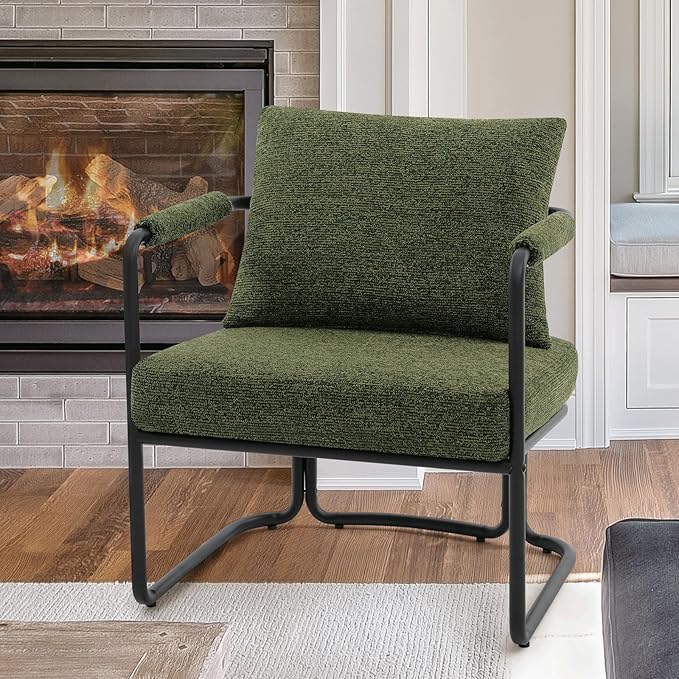 Mid-Century Modern Accent Chair, Comfy Upholstered Lounge Arm Chair with Chenille Fabric for Living Room, Bedroom, Apartment, Reading Corner, Office, Green