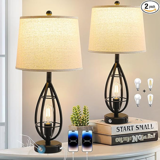 27.8" Farmhouse Table Lamps for Living Room Set of 2,Black Lamps for Night Stands with USB A+C,Dimmable Touch Industrial Bedside Lamps,Rustic Lamp for Bedroom End Tables