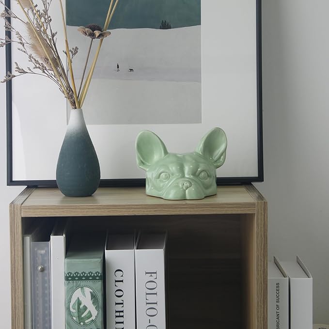 Green Dog Head Statue - Handmade Ceramic Bulldog Figurines for Home Office Decor, Healing Gifts for Dog Lovers (Green, 5.31"×4.72"×3.74")