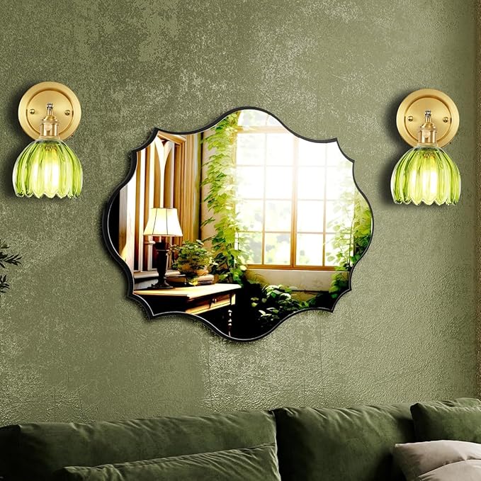 Vintage Wall Sconces Set of Two, 180 Degree Adjustable Brass Vanity Lights Fixture with Green Tulip Glass Lampshade, Hradwired Modern Wall Lighting for Bedside Bedroom Bathroom