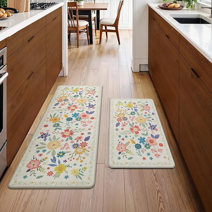 GENIMO Kitchen Mats for Floor 2PCS, Cushioned Kitchen Rugs Non Slip Washable, Farmhouse Anti Fatigue Mat Waterproof, Comfort Standing Mat Rug for Office, Home, Laundry, 17.3"x47"+17.3"x30", SoftWhite