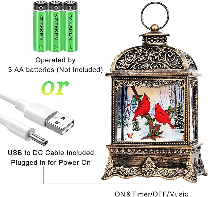 10.2" Christmas Snow Globe Water Lantern with Cardinal Scene Battery Operated or USB Powered Musical Lighted Holiday Decoration for Tabletop Display for Family and Friends
